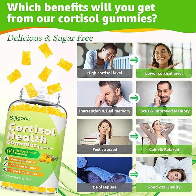 Cortisol Gummies - Cortisol Supplements for Women & Men with Ashwagandha, Magnesium, L-theanine for Cortisol Balance, Support Relaxation, Energy, Zzz, Pineapple Flavor, 60Ct