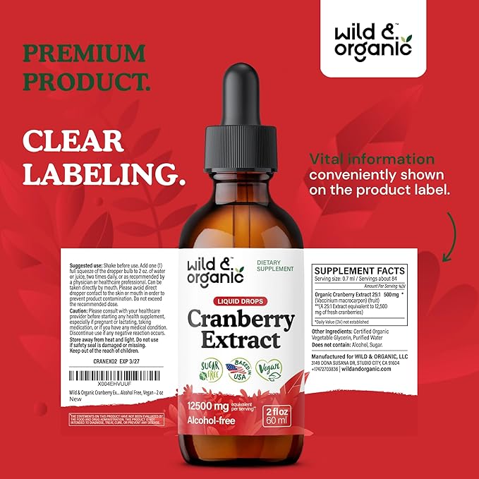 Wild & Organic Cranberry Supplement Drops - Urinary Tract Support for Women & Men - Pure Cranberry Extract Liquid Supplement - Vegan, Sugar & Alcohol-Free Tincture - 2 fl oz