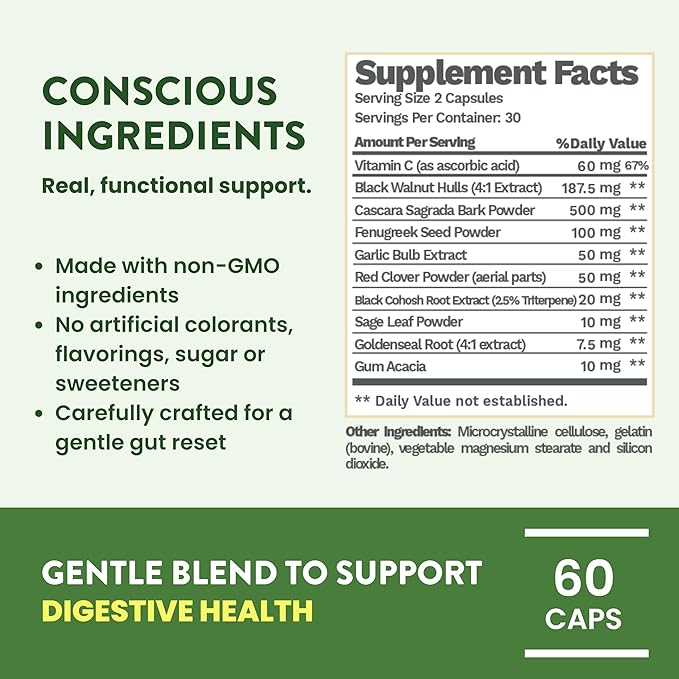 7 Day Advanced Colon Cleanse, Prebiotics & Natural Herbs, Supports Detox & Gut Flora for Women & Men, with Cascara Sagrada, Black Walnut Hulls & Black Cohosh, 60 Capsules 1-2 Daily | 7 Day Cleanse