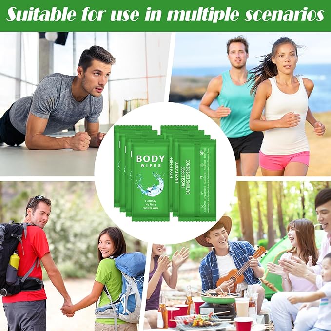 Treela 300 Pcs Large Body Wipes Bulk Deodorant Travel Size for Homeless Care Package Supplies Individually Wrapped Adults Bathing No Rinse Wet Wipes Men Women Hygiene Items(7.09" X 9.84",Green)