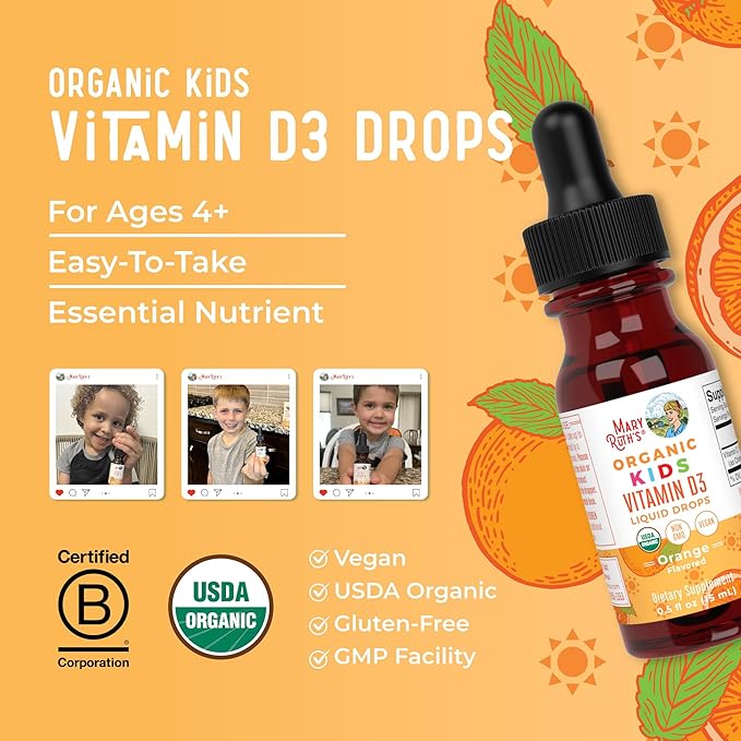 MARYRUTH'S USDA Organic Vitamin D3 Liquid Drops for Kids | 640 IU Vitamin D3 Per Serving | Kids Immune Support & Bone Health Supplement | Formulated for Ages 4-13 | 0.5oz | 30 Servings