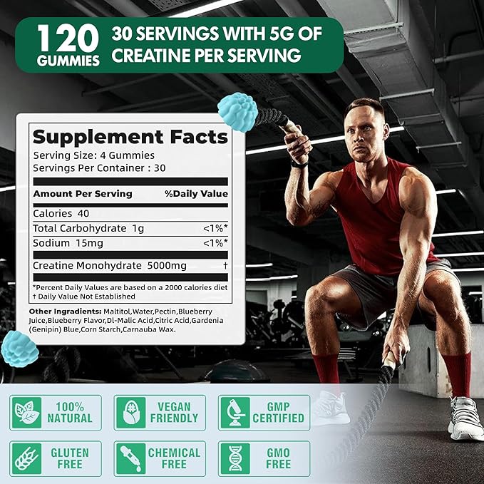 NSF Certified Creatine Gummy 5g.Creatine Monohydrate Gummies for Men & Women, Creatine Monohydrate for Muscle Strength, Muscle Builder, Energy Boost, Pre-Workout Supplement(120 Count)-Blueberry Flavor