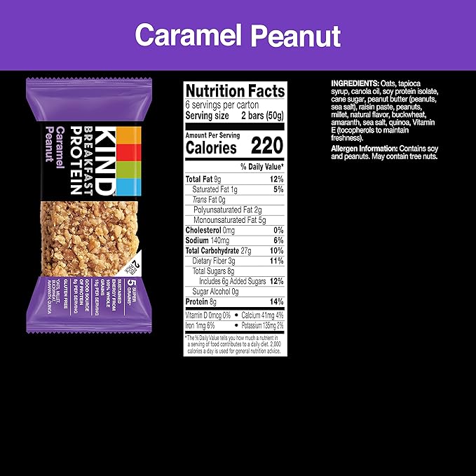 KIND Breakfast Protein Bars,Caramel Peanut,Healthy Snacks,Gluten Free,8g Protein,6 Count (Pack of 2)