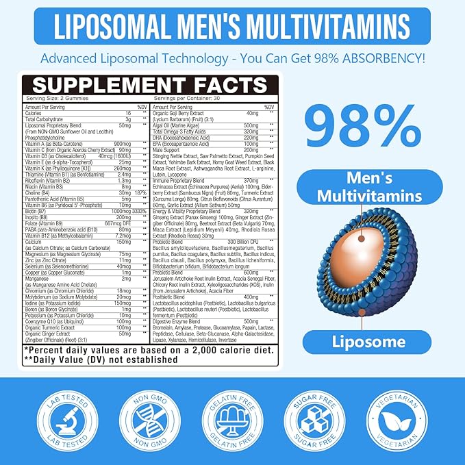 60-IN-1 Liposomal 120+ Nutrients Men's Multivitamin Gummy 4500MG+ Overall,300Billion Probiotics, Algal DHA, CoQ10, Turmeric & Herbal Blends,for Immune, Energy, Prostate, Heart, and Digestive Wellness