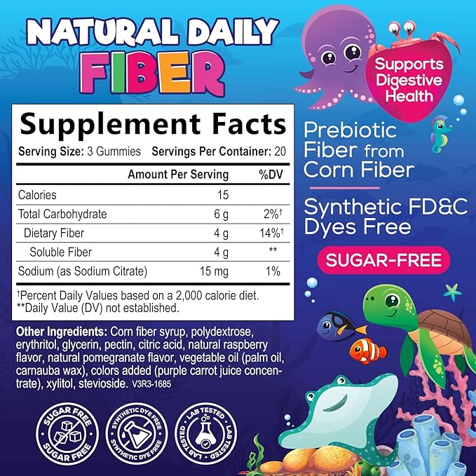 Kids Fiber Gummies – Sugar Free Prebiotic Plant-Based Fiber 4g per Serving Supplement - Improved Soluble Formula Supports Digestive Health & Regularity - Natural Berry Flavor Chewable - 60 Gummies