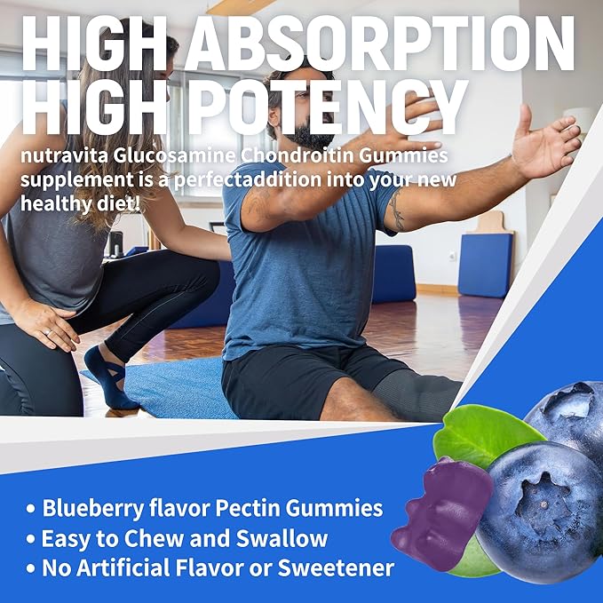 Nutravita Glucosamine Chondroitin Gummies with MSM & Elderberry Extra Strength - Joint Support, Antioxidant Immune Support Supplement for Adults, Men & Women.120 Blueberry Chews