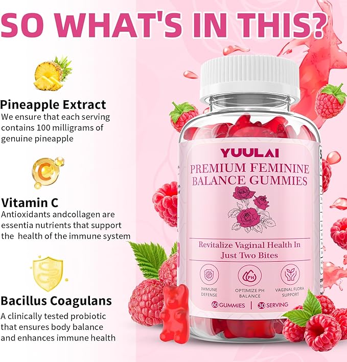 Premium Feminine Balance Gummies, Hawaiian Pineapple Feminine Gummies for Women PH Balance & Vaginal Health, Vegan, 60 Gummies