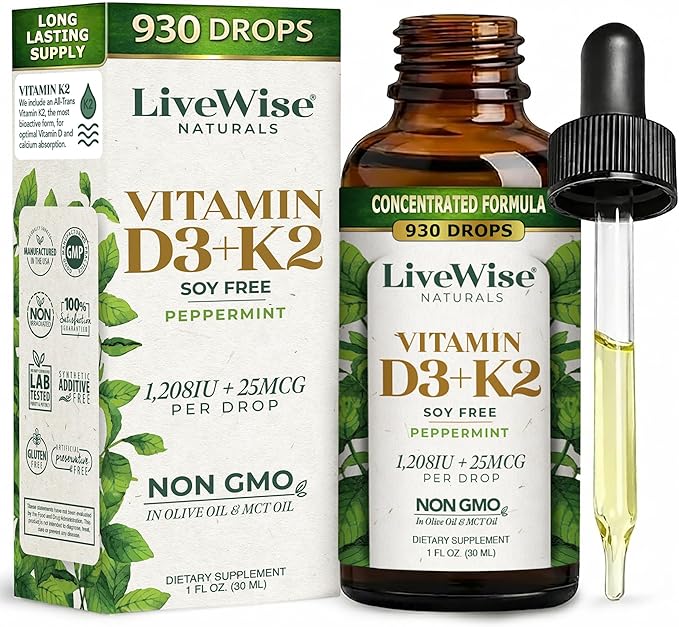 Live Wise Naturals Vitamin D3 K2 (MK-7) Peppermint Drops for Adults - 930 Drops, Ultra Concentrated Formulation, 1208 IU Vitamin D3, 25 MCG - Precision Micro-Dosing Dropper for Calcium & Bone Support