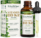 Live Wise Naturals Vitamin D3 K2 (MK-7) Peppermint Drops for Adults - 930 Drops, Ultra Concentrated Formulation, 1208 IU Vitamin D3, 25 MCG - Precision Micro-Dosing Dropper for Calcium & Bone Support