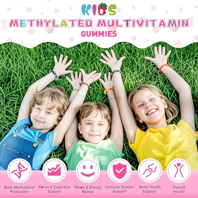Kids Methylated Multivitamin Chewable Gummies, MTHFR Supplement with L Methylfolate, Magnesium, Biotin, Choline, Inositol, DHA, TMG & Coq 10, Immune & Brain Support, Strawberry Flavor, 60 Ct