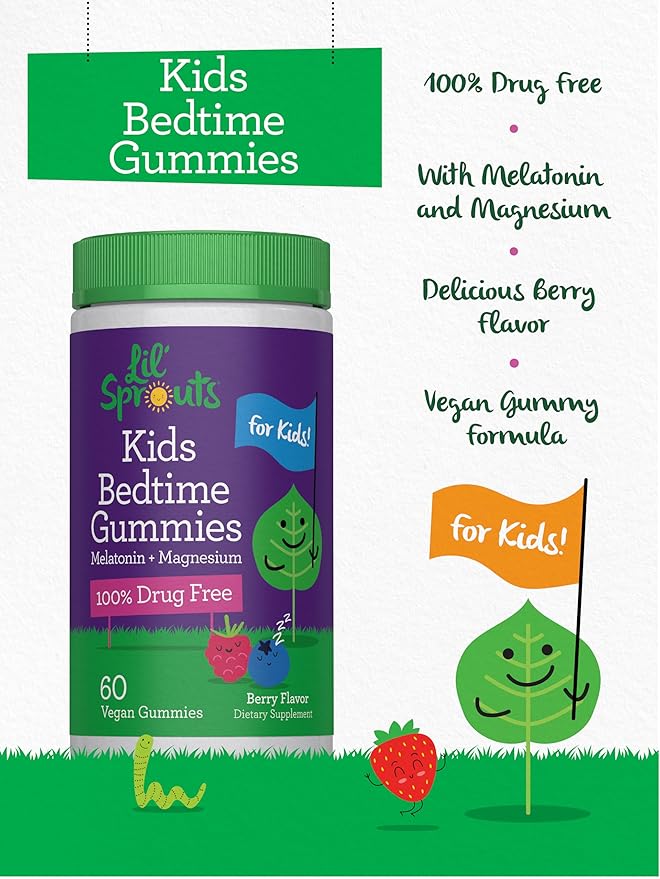 Lil' Sprouts Kids Melatonin & Magnesium | Bedtime Gummies | 60 Count | Berry Flavor | 100% Drug Free | Non-GMO and Gluten Free