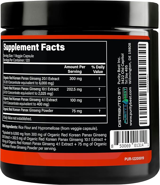Purity’s Best Red Korean Panax Ginseng – 8500 mg Equivalent per Serving – 5% Ginsenosides – Herbal Supplement – 120 Veggie Capsules