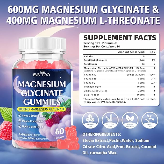 Magnesium Glycinate Gummies 1000mg with L-Threonate, Vitamin D, B6 & CoQ10 - Supports Memory, Calm & Mood - Sugar-Free Raspberry Flavor - 60 Count