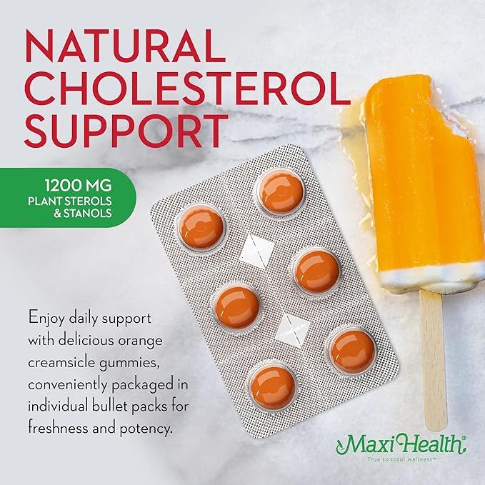 Maxi Health Cholesterol Gummies for Adults – 1200mg Plant Sterols and Stanols Supplements – Kosher and Gluten Free Healthy Cholesterol Supplements – Orange Flavor Gummies (30 Count)