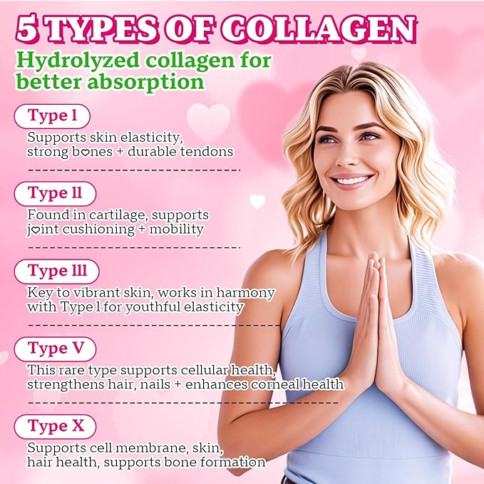 Multi Collagen Peptides Gummies, Collagen Gummies for Women & Men, Type I,II,III,V,X Protein with Biotin, Hyaluronic Acid, Vitamin C for Healthy Skin Support, Strawberry Flavored, Sugar Free, 60Cts