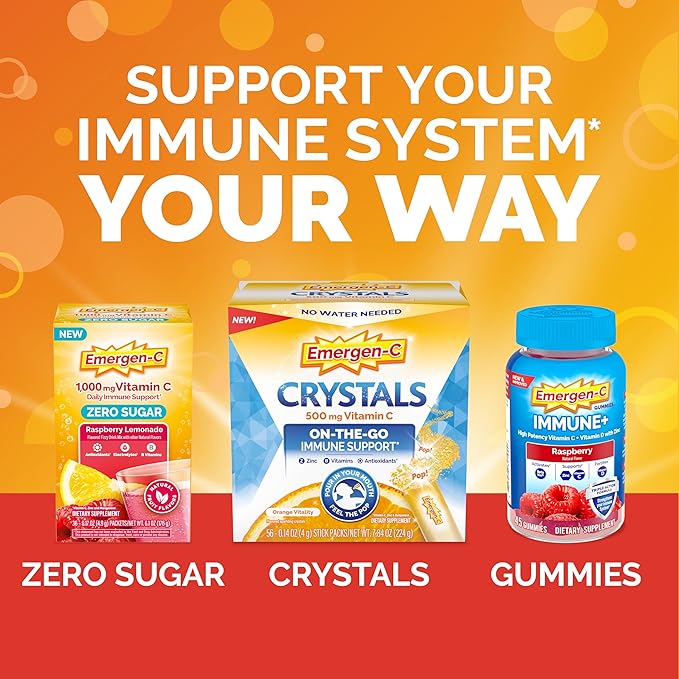 Emergen-C 1000mg Vitamin C Powder for Daily Immune Support Caffeine Free Vitamin C Supplements with Zinc and Manganese, B Vitamins and Electrolytes, Super Orange Flavor - 60 Count/2 Month Supply