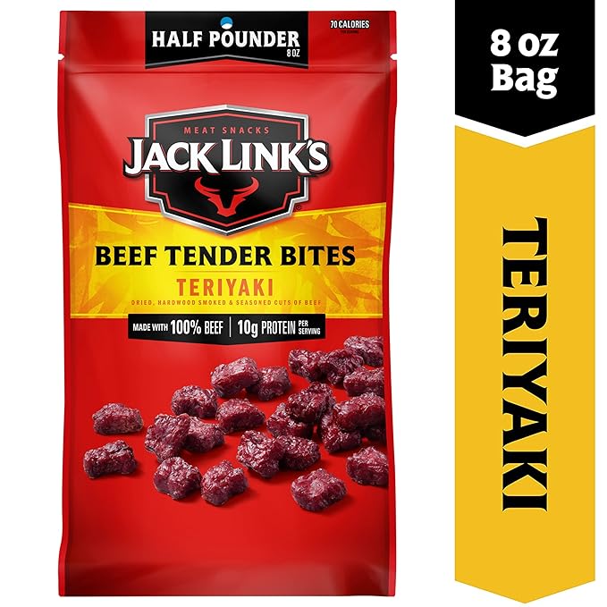 Jack Link's Beef Tender Bites, Teriyaki, Half Pounder Bag - Flavorful Meat Protein Snacks for Lunches, 10g of Protein and 70 Calories per Serving, Made with 100% Beef (Pack of 2)