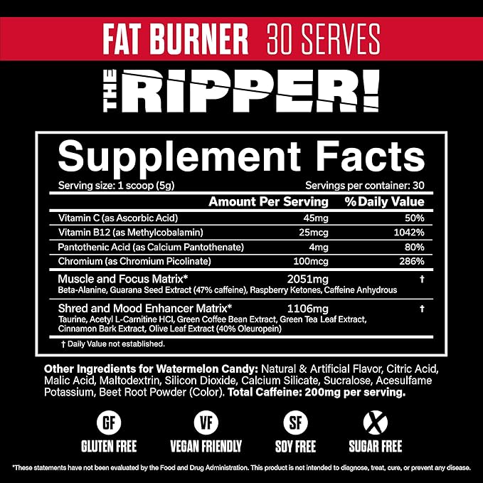 JNX SPORTS The Ripper! Fat Burner Pre Workout for Men & Women – Thermogenic Fat Burning Powder & Appetite Suppressant, Boost Energy & Endurance – Watermelon Candy, 30 Servings
