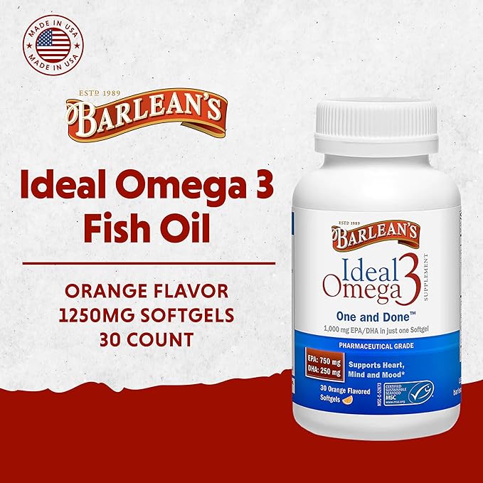 Barlean's Ideal Omega 3 Nutritional Supplement Softgels with 1,000mg EPA/DHA for Heart, Mind, and Mood - Certified Sustainable Seafood, Pharmaceutical Grade - 30-Count