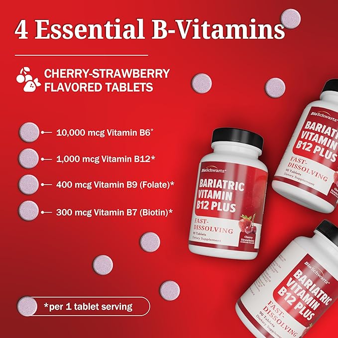BioSchwartz Bariatric B12 Plus Dissolvable Tablets - 1000mcg Vitamin B12, Vitamin B6, Folate, Biotin - Cherry Strawberry Flavor, 3-Month Supply, Third Party Tested, for Bariatric Patients, 90 Count