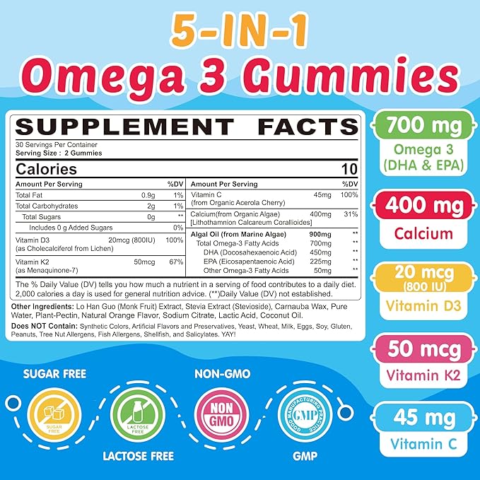 Kids Omega 3 Gummies + Calcium 400mg + Vitamin D3 K2 + C, Omega-3 DHA & EPA Supplement - No Fish Burps, No Sugar - Kids & Teens Omḛga 3 + Multivitamin Gummy for Strong Bones, Brain, Immune, Eye, 2Pack