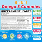 Kids Omega 3 Gummies + Calcium 400mg + Vitamin D3 K2 + C, Omega-3 DHA & EPA Supplement - No Fish Burps, No Sugar - Kids & Teens Omḛga 3 + Multivitamin Gummy for Strong Bones, Brain, Immune, Eye, 60Cts