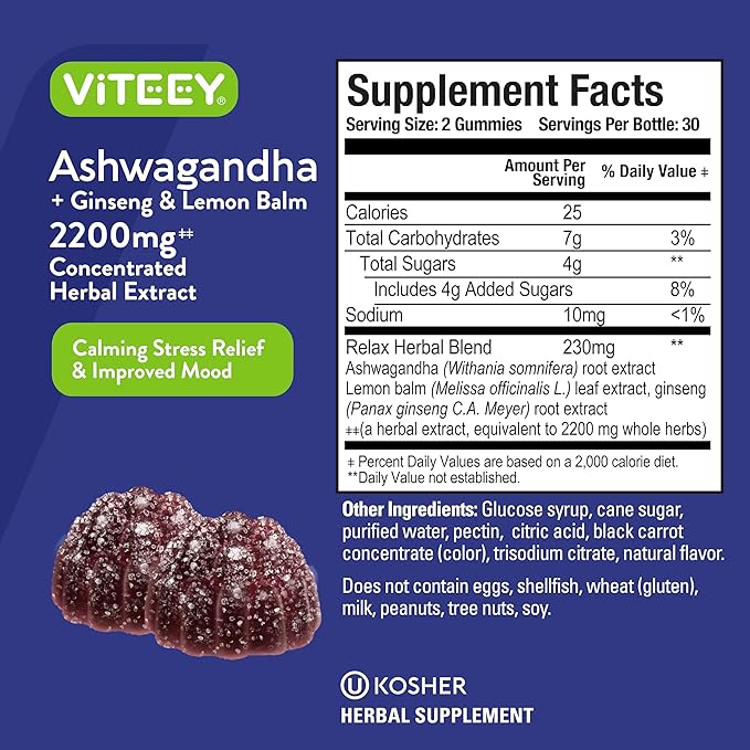 Viteey Ashwagandha Gummies with Ginseng & Lemon Balm - Mood, Calm & Stress Support Ashwagandha Supplements - Vegan, Gluten-Free - 60 Count