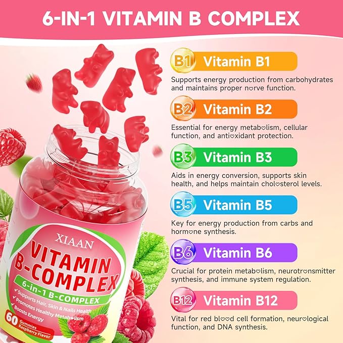 Vitamin B Complex Gummies for Women & Men - Vitamin B12, B1, B2, B3, B5, B6, B-Complex Vitamin Supplements for Energy & Immune Support, Sugar-Free/Vegan/Gluten-Free, Raspberry Flavor 60 Count