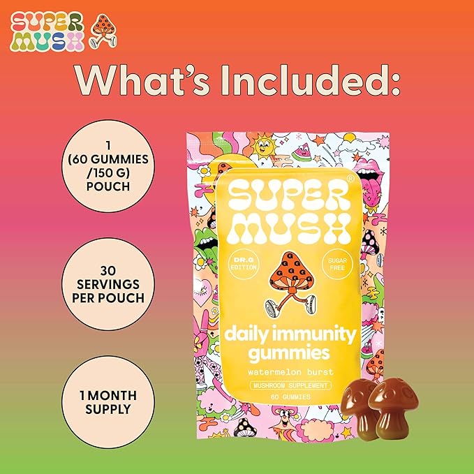 SuperMush Dr. G Daily Greens Gummies - Lion’s Mane, Spirulina, Chlorella, Ashwagandha, Prebiotics & Vitamins C, D, Zinc - Sugar Free Greens Gummies for Immunity, Gut Health & Radiance - Vegan 60 Ct