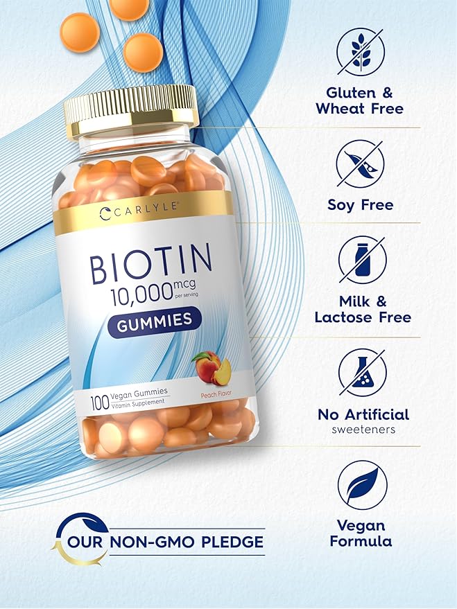 Carlyle Biotin 10000mcg Gummies | 100 Count | Peach Flavor Supplement | Vegan, Non-GMO, Gluten Free