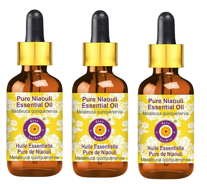 Deve Herbes Pure Niaouli Essential Oil (Melaleuca quinquenervia) with Glass Dropper Steam Distilled (Pack of Three) 100ml X 3 (10 oz)