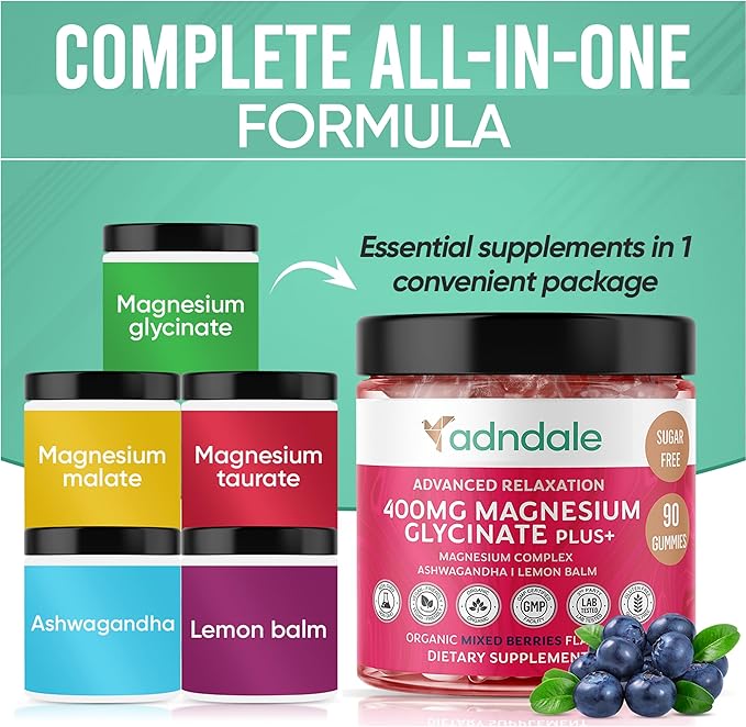 Adndale 90 CT Magnesium Glycinate 400 mg Gummies with Ashwagandha, Magnesium Malate & Taurate, Sugar Free Magnesium Gummies for Adults & Kids.