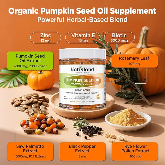 Pumpkin Seed Oil Gummies with Saw Palmetto, Cold Pressed Pumpkin Seed Oil Supplement for Hair Growth, Prostate Health & Urinary Tract Support, Sugar Free, Vegan Pineapple Flavor, 60 Count