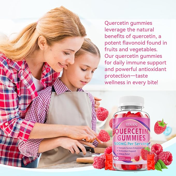 Quercetin Gummies 500mg for Kids & Adults, Organic Quercetin Supplements with Bromelain Zinc Vitamin C and D3 Support Antioxidant & Immune System Health, Raspberry Flavor 120 Count