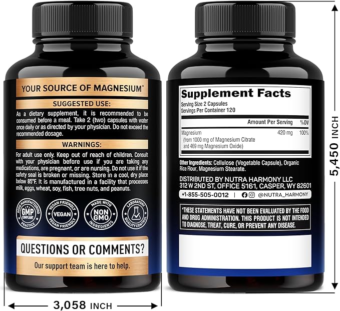 Magnesium Citrate Capsules 1000mg | High Absorption Supplement - Sleep, Muscle & Heart Support - Vegan | Non-GMO - Made in USA - As Powder | Pills | Tablets - 240 Capsules, 4 Month Supply