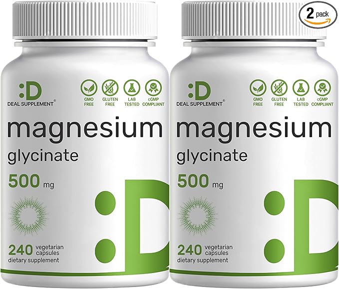 Deal Supplement Magnesium Glycinate 500mg, 480 Veggie Capsules | 100% Chelated for Easy Absorption | Essential Mineral Supplement | Non-GMO, Gluten-Free