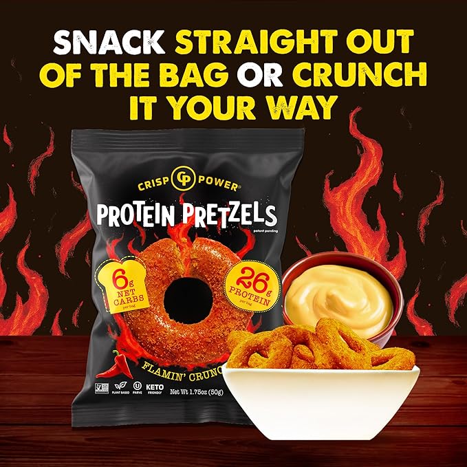 CRISP POWER Protein Pretzels, NEW Flamin' Crunch, 26G Protein, High Protein Snack, High Fiber, Low Carb Crunchy Pretzel Snacks, No Added Sugar, 1.75 oz Bags, 6 Pack, Vegan, Keto