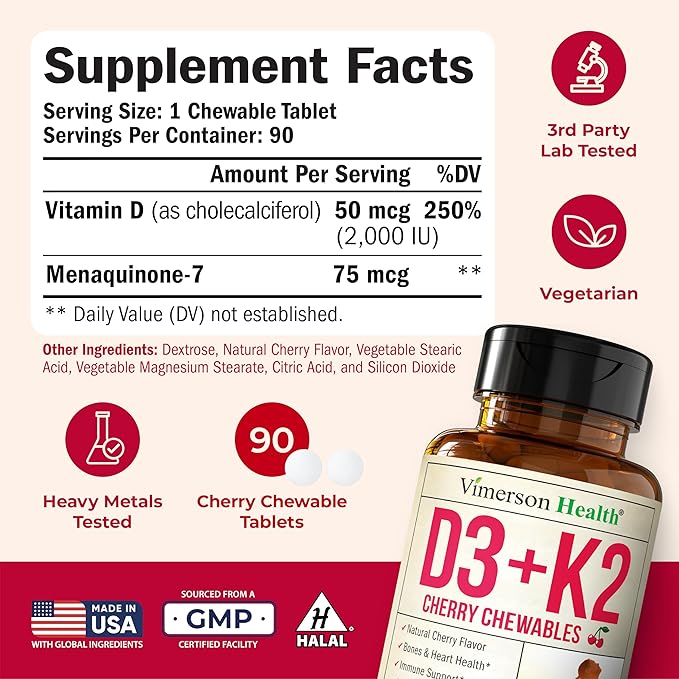 Vitamin D3 K2 Supplement – All-in-1 Support for Immune, Bone & Heart Health – Vitamin D + Vitamin K (as MK7) – K2 D3 2000IU Vitamin Supplement, 90 Natural Cherry-Flavored Chewables