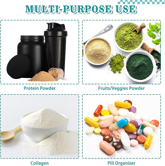 MUOUAKATE Protein Powder Travel Container Set - Reusable Powder Supplement Container to Go - 14pc Single Dose Bags and 2pc Large Travel Containers Zip Up Bags
