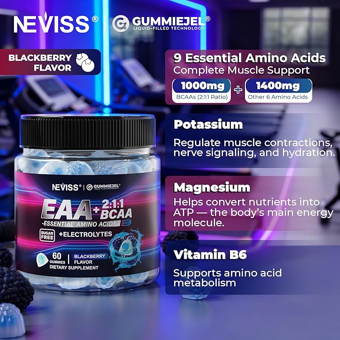 EAA Gummies Supplements, All 9 Essential Amino Acids Supplement, BCAA Amino Acids Gummies for Men Women│Branched-Chain Aminos & Electrolyte Hydration Gummies│Gluten Free, Raspberry Flavor, Vegan, 60ct