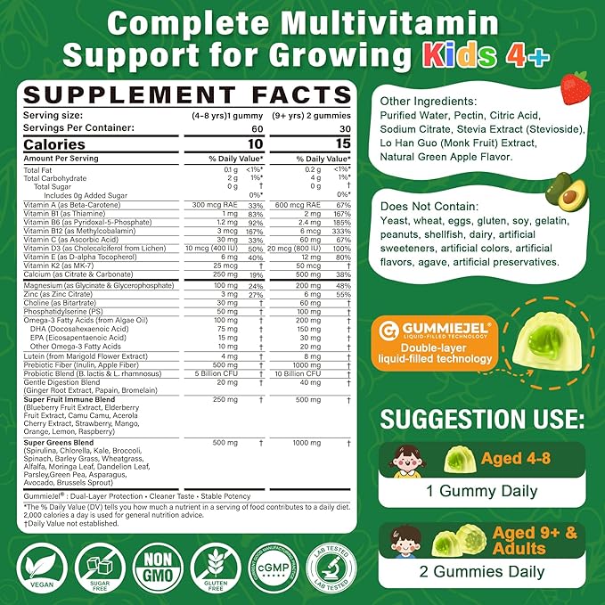 Kids Multivitamin Gummies, 20+ Super Greens Fruit and Veggies Supplement Superfood Daily Gummies with Probiotics for Kids Gummy Vitamins & Minerals for Tummy & Immune Support -Vegan, Sugar Free, 60Cts