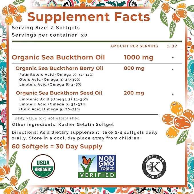 SeabuckWonders Organic Sea Buckthorn Oil Omega-7 Complete, 60 Softgels, 30 Day Supply, with Omega 3, 6 & 9, Supports Hair, Skin & Nails, Overall Health & Wellness