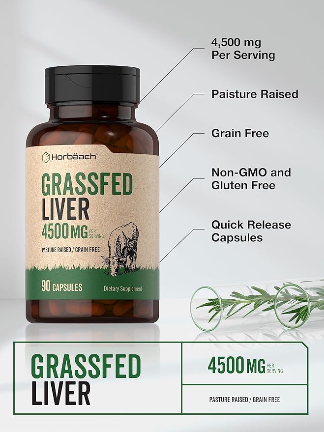 Horbäach Grass Fed Beef Liver | 4500mg | 90 Capsules | Desiccated, Pasture Raised, Grain Free, Non-GMO Supplement