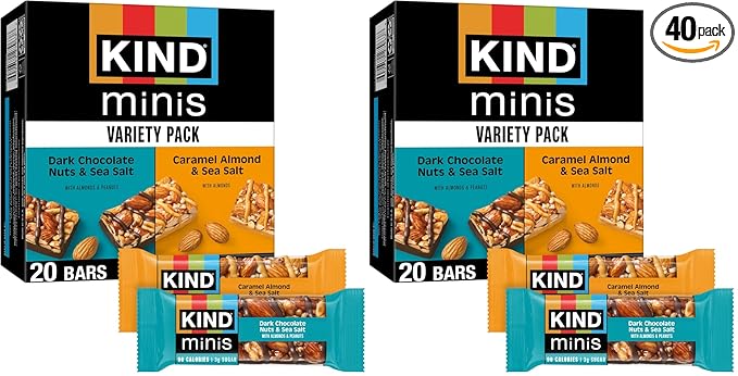 KIND Minis Snack Bars,Dark Chocolate Nuts & Sea Salt and Caramel Almond & Sea Salt,3g Sugar,Gluten Free Bars,Variety Pack,0.7 OZ,20 Count (Pack of 2)