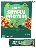 Simply Protein - Mint Chocolate Chip Crispy Bars - Plant Based Protein Bars - Low Carb, Low Sugar, High Fiber - 13g Protein, 2g Sugar, 7g Fiber - Vegan, Gluten Free, Non GMO, Kosher - 12 Bars