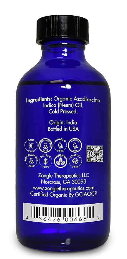 Organic, Neem Oil, for Plants, Skin, Hair, Dogs – 100% Pure, Neem Oil, by Zongle Therapeutics, 4 OZ