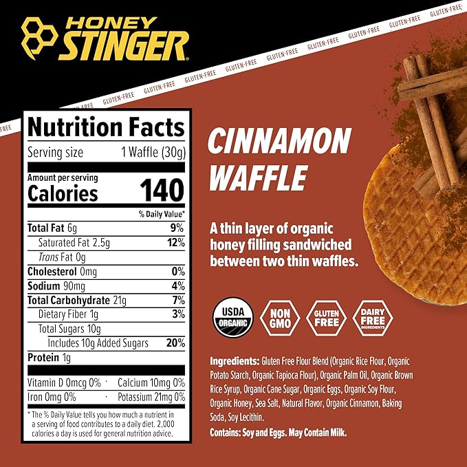 Honey Stinger Organic Gluten Free Cinnamon Waffle | Energy Stroopwafel for Exercise, Endurance and Performance | Sports Nutrition for Home & Gym, Pre and Post Workout | Box of 16 Waffles, 19.2 Ounces