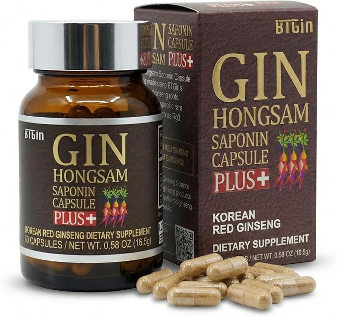 Gin Hongsam Saponin Capsule Plus Korean Red Panax Ginseng Extract - High Rg3 & Compound K Supplement - Caffeine Free Extra Strength Energy, Focus & Immune Support - 60 Capsules