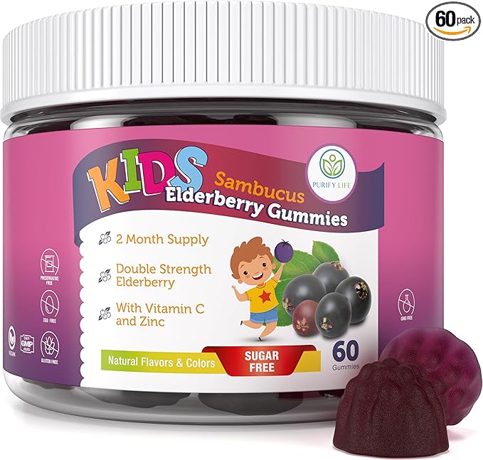 Sugar-Free Kids Elderberry Gummies with Vitamin C & Zinc – Daily Immune Support Supplement for Children, Sambucus Antioxidant, Vegan, 60 Ct