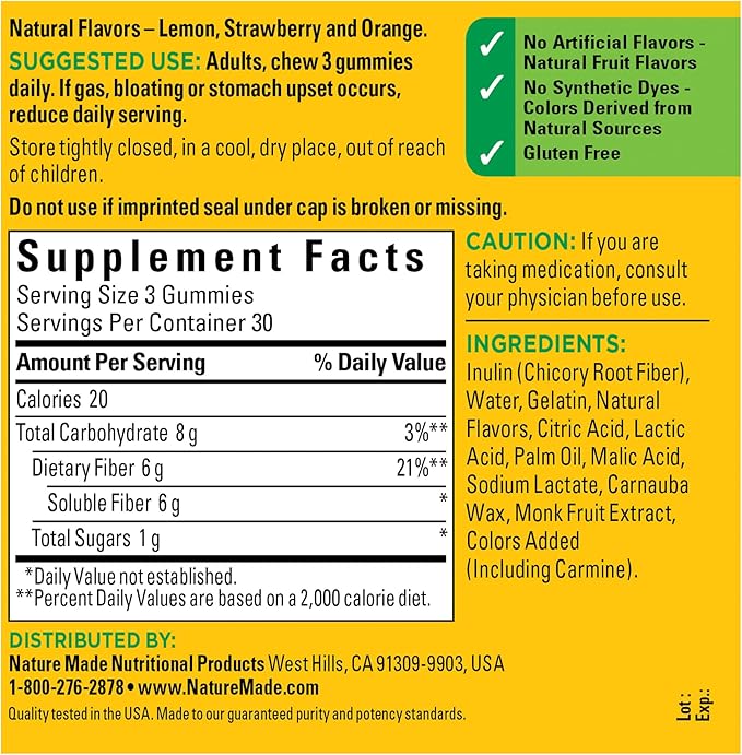 Nature Made Fiber 6 g, Dietary Supplement for Digestive Health Support, 90 Fiber Gummies, 30 Day Supply